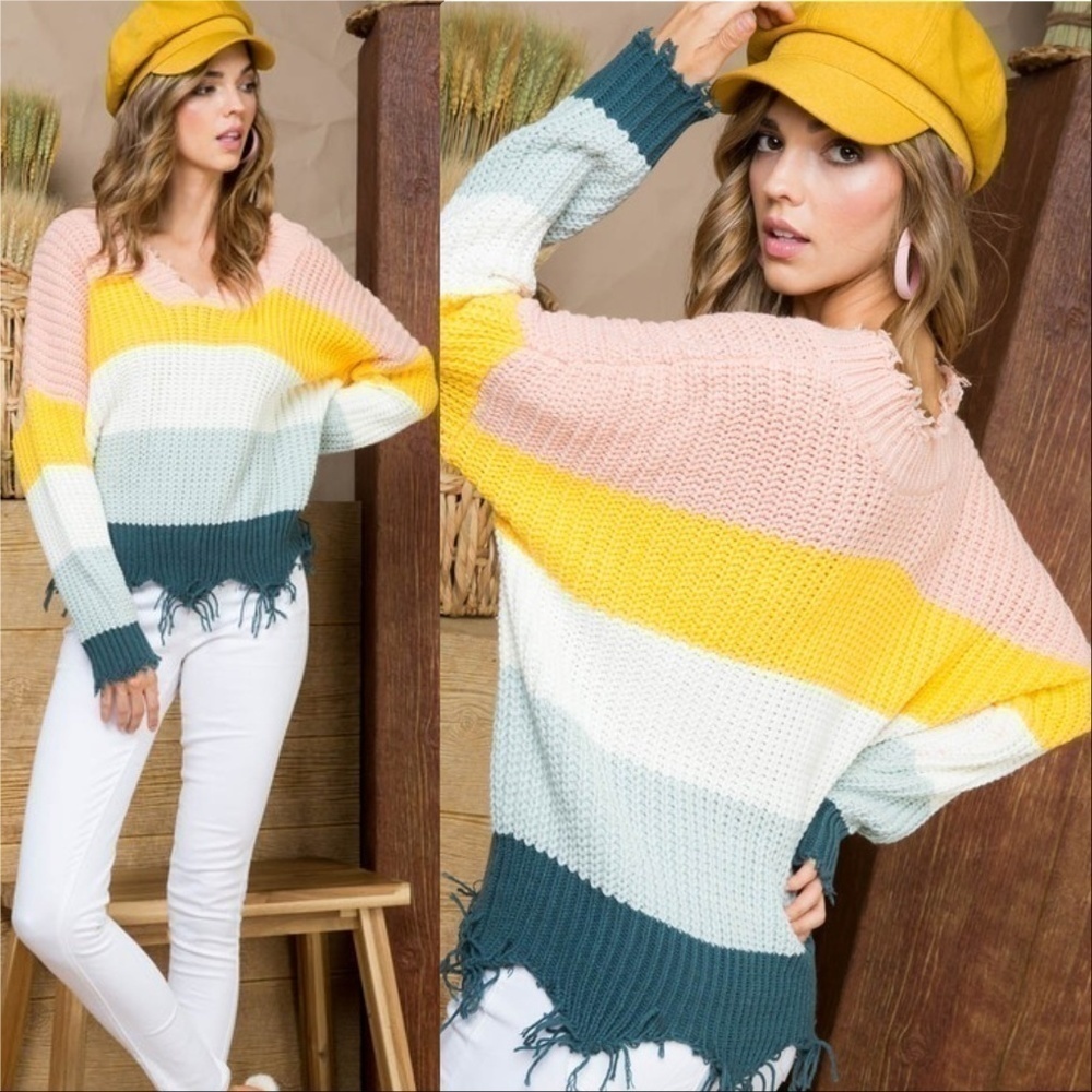 MULTI COLORED SWEATER distressed womens fa…
